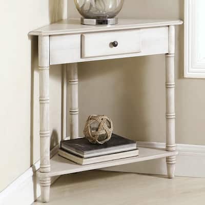 Antique White Corner Accent Console Table with Drawer and Shelve