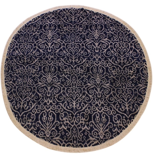 Modern Abstract Caroline Blue/Lt. Gray Wool & Silk Round -6'1 x 6'1 - 6'1" x 6'1"