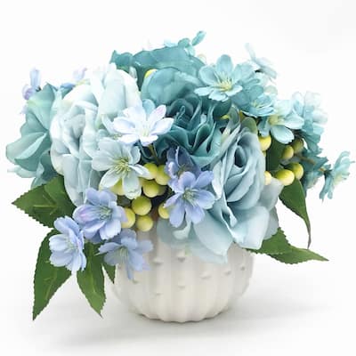 Enova Home Blue Artificial Silk Open Roses and Mixed Fake Flowers Arrangement with White Ceramic Vase for Home Office Decoration