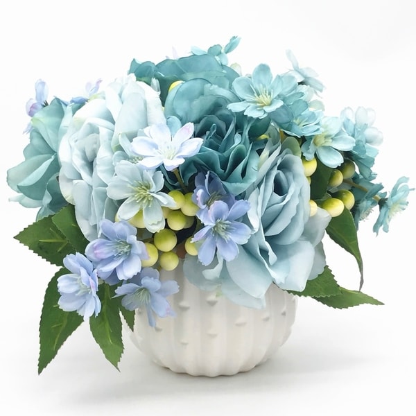 Enova Floral 1pc 20 Mixed Artificial Silk Roses Bush Faux Flowers for Home Garden Office Vase Wedding Decor Blue