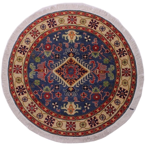 Kazak Smoot Blue/Ivory Wool Round -4'10 x 4'10 - 4'10" x 4'10"