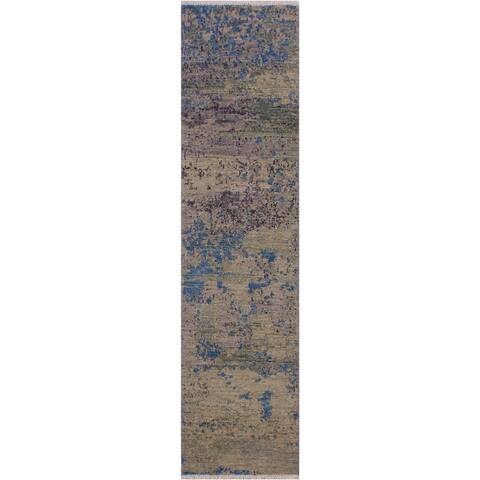 Modern Abstract Simmons Green/Blue Wool Runner -1'10 x 6'2 - 1'10" x 6'2"