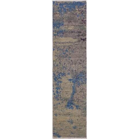 Modern Abstract Silvia Green/Blue Wool Runner -2'0 x 6'2 - 2'0" x 6'2"