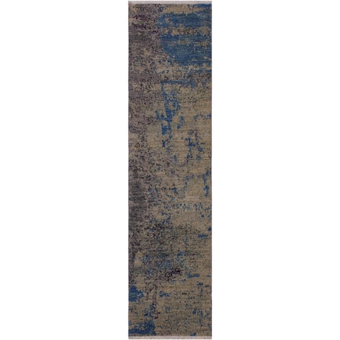 Modern Abstract Simms Green/Blue Wool Runner -2'0 x 6'2 - 2'0" x 6'2"