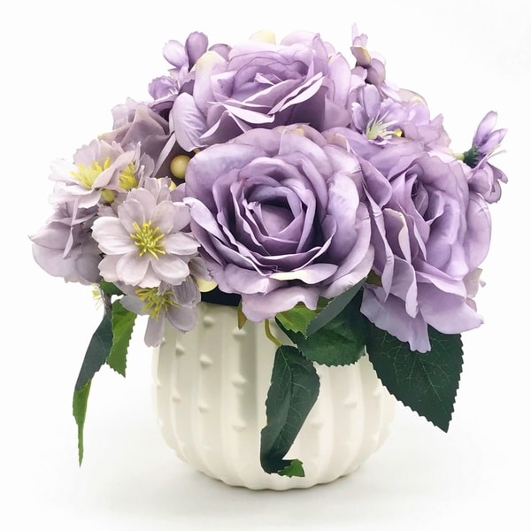 Enova Home Purple Open Rose and Mixed Silk Artificial Flower Arrangement With White Ceramic Vase
