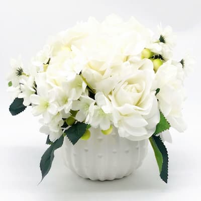 Enova Home Cream Artificial Silk Open Roses and Mixed Fake Flowers Arrangement with White Ceramic Vase for Home Decoration