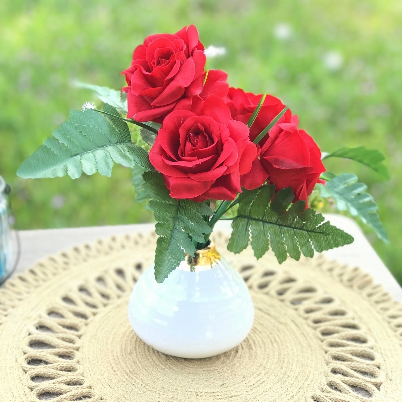 red artificial flower arrangements