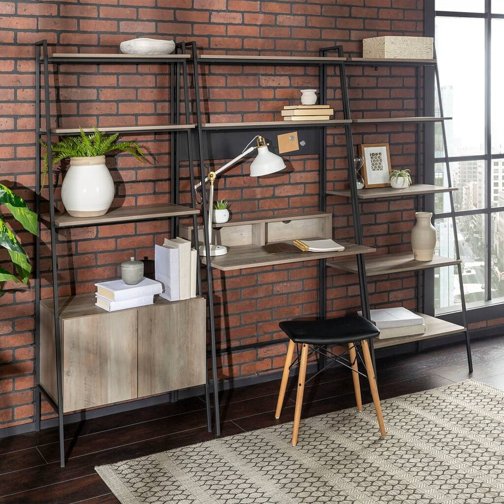 3 Piece Home Office Ladder Computer Desk and Bookcase Set - Grey Wash