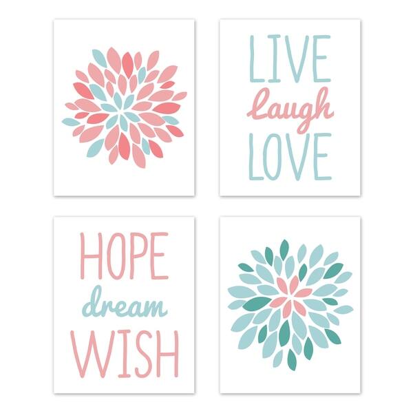 Sweet Jojo Designs Turquoise And Coral Floral Emma Collection Wall Decor Art Prints Set Of 4 Live Laugh Love