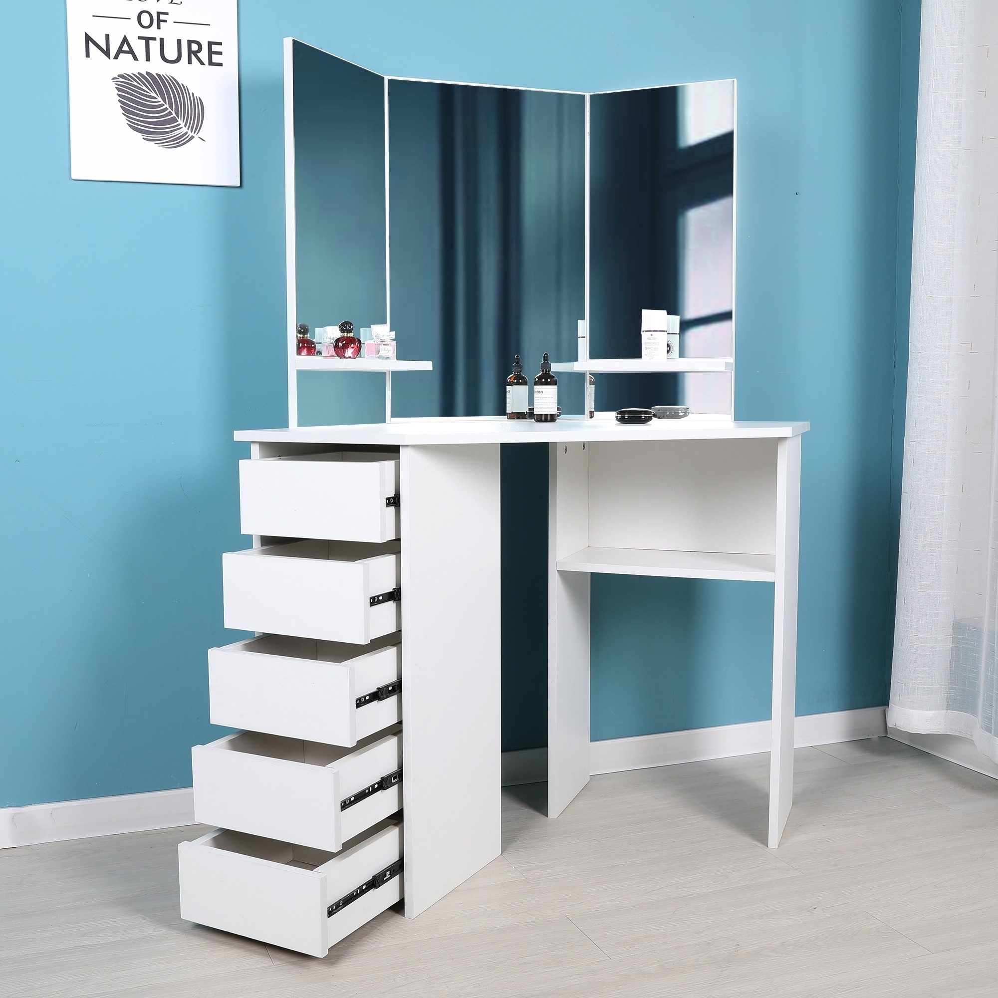 Victoria Corner Makeup Table With Mirror And Integrated Storage Overstock 27871639
