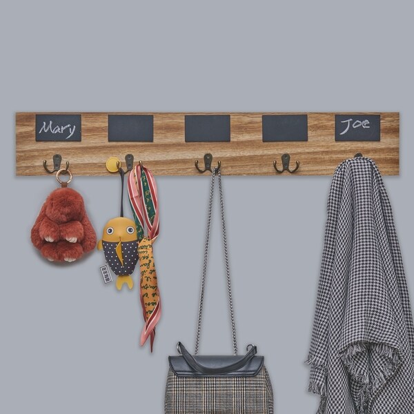 Danya B. Rustic Wall Mount Entryway Coat Rack with 5 Metal Double Hooks and Chalkboard Tags