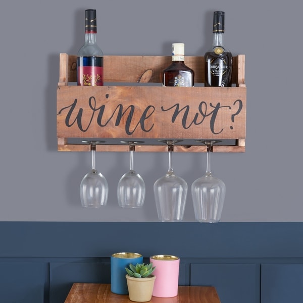 Danya B Rustic Wall Mount Wooden Stemware Rack and Wine Bottle Holder