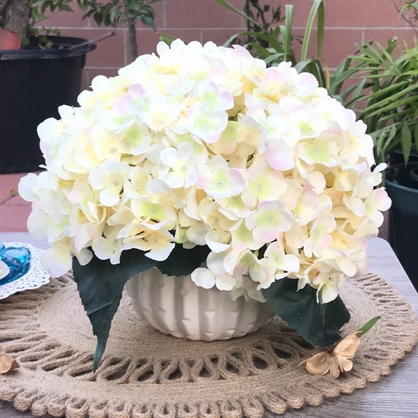 Enova Home Blush Artificial Silk Hydrangea Flower Arrangement with White Ceramic Vase
