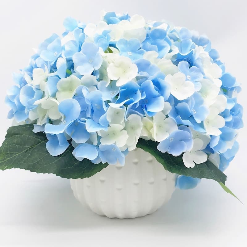 Enova Home Artificial Blue and Cream Silk Hydrangea Fake Flowers Arrangement with White Ceramic Vase for Home Garden Decoration