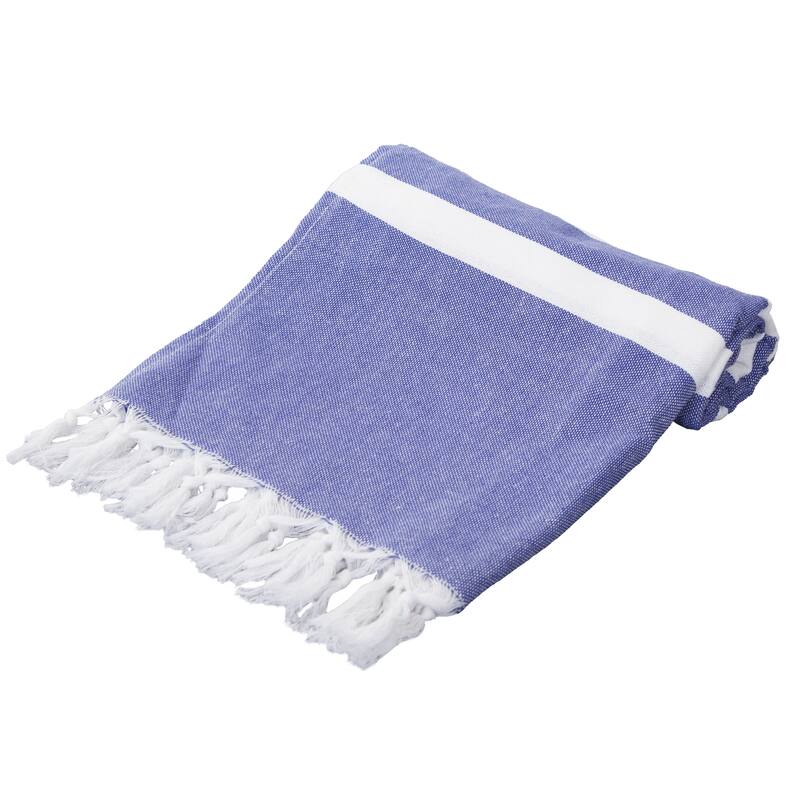 Porch & Den Imagine Blue Striped Cotton Fringed Turkish Beach Towel