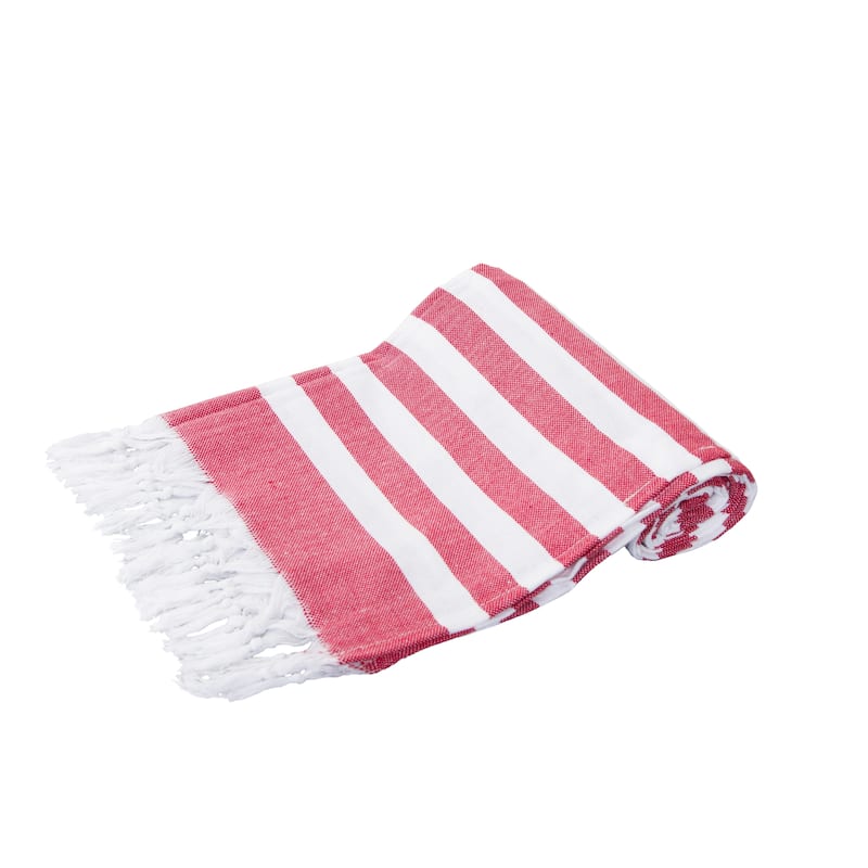 Porch & Den Kelsi Striped Cotton Fringed Oversized Turkish Beach Towel - 40"x70"
