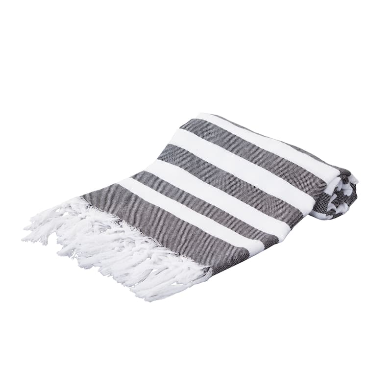 Porch & Den Kelsi Striped Cotton Fringed Oversized Turkish Beach Towel - 40"x70"