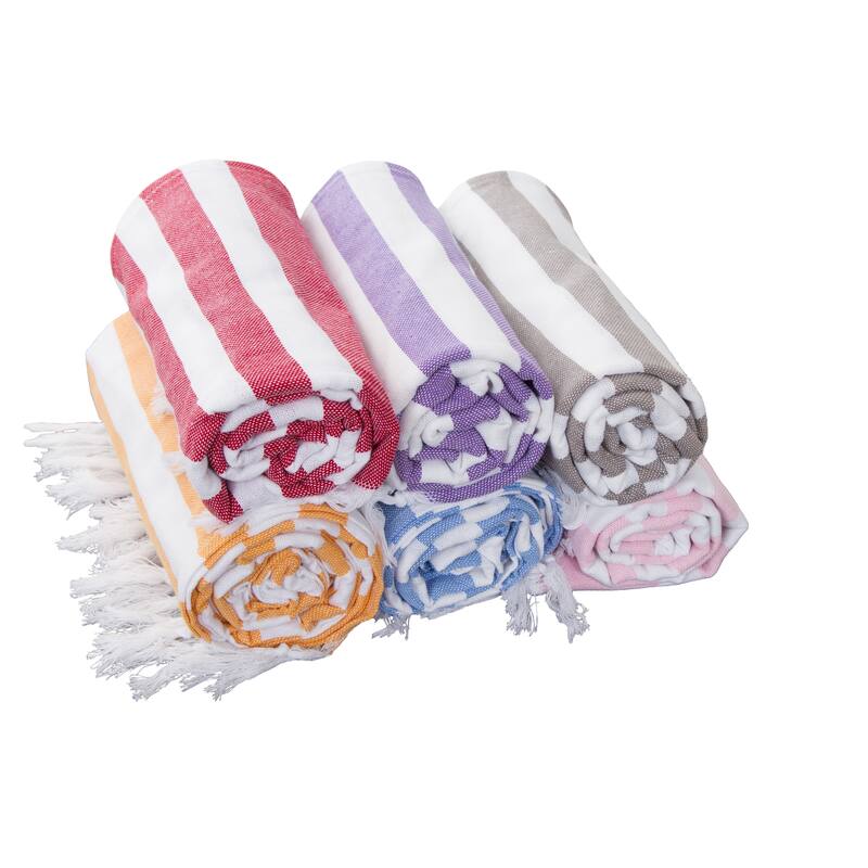 Porch & Den Kelsi Striped Cotton Fringed Oversized Turkish Beach Towel - 40"x70"