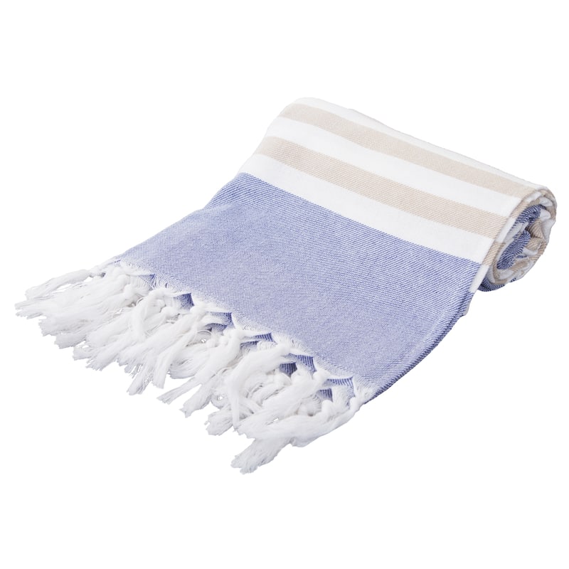 40"x70" Turkish Beach Towel, Fringe Trim Towel, Stripe Cotton Towel - Blue - Single Piece