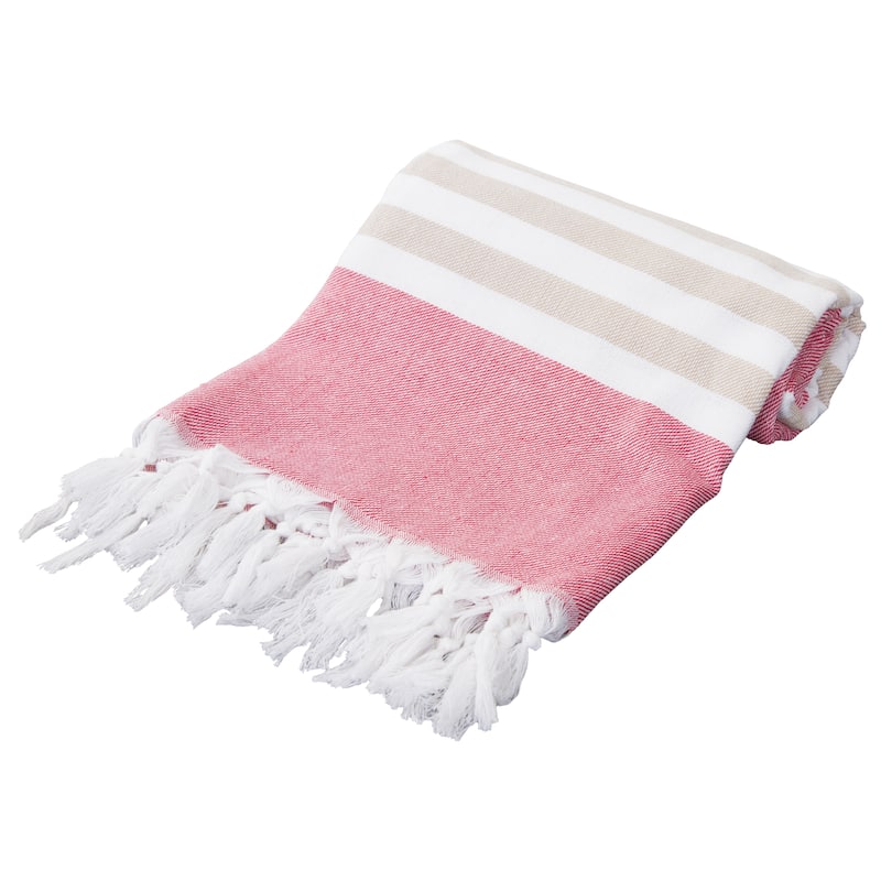 40"x70" Turkish Beach Towel, Fringe Trim Towel, Stripe Cotton Towel - Red - Single Piece