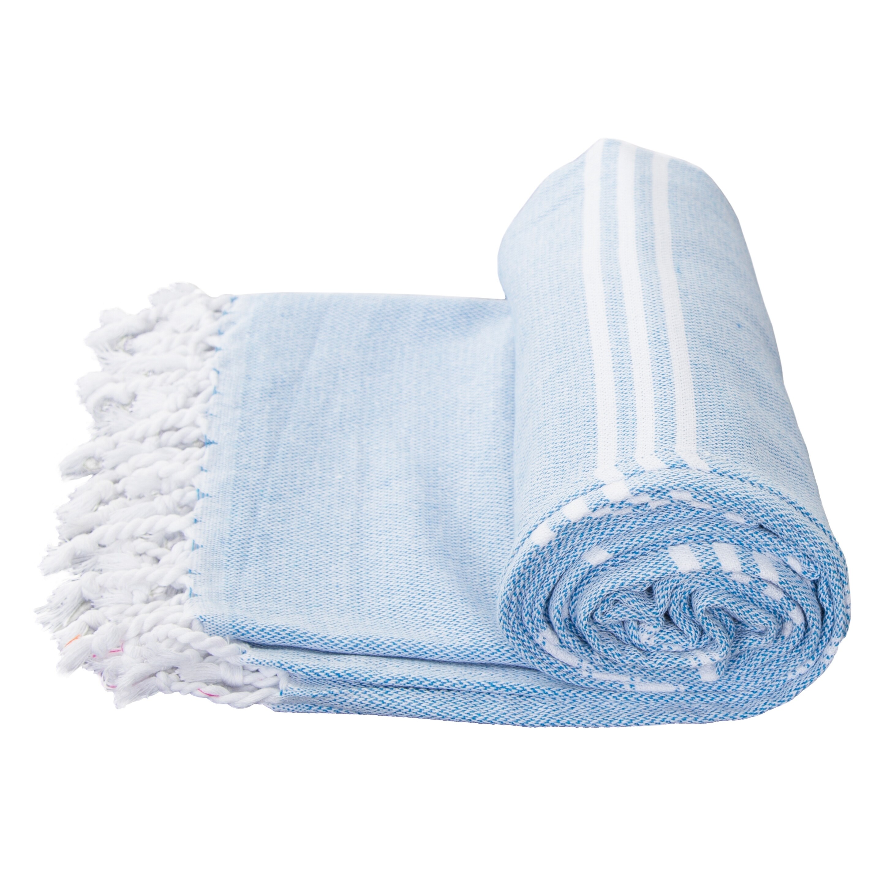 KREA HOME KITCHEN TOWELS (2) WHITE BLUE STRIPES WITH FRINGE TURKISH COTTON  NWT