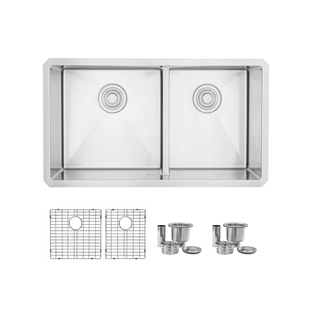 32"L x 18"W Double Basin Low Divider Undermount Kitchen Sink with Grids and Strainers S-325XG - 32'' x 18'' x 10''