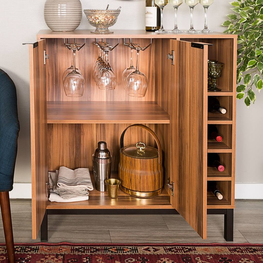 Modern Metal and Wood Bar Cabinet with Wine Storage - Teak