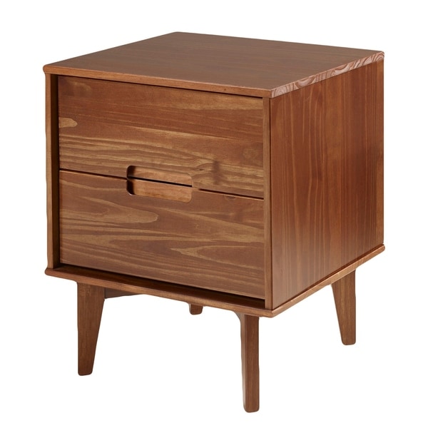 Mid Century Modern Solid Pine Wood Nightstand in Stained Finish - Walnut