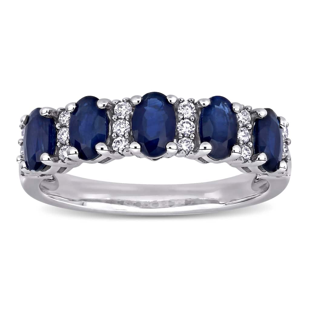 Miadora 14k White Gold Oval-Cut Blue Sapphire and 1/6ct TDW Diamond Anniversary Band