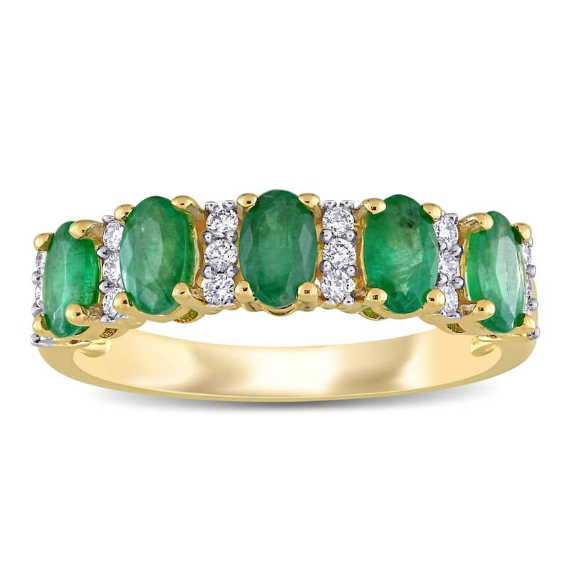 Miadora 14k Yellow Gold Oval-Cut Emerald and 1/6ct TDW Diamond Anniversary Band