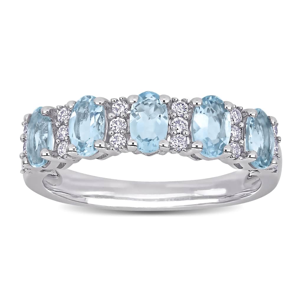 Miadora 14k White Gold Oval-Cut Aquamarine and 1/6ct TDW Diamond Anniversary Band
