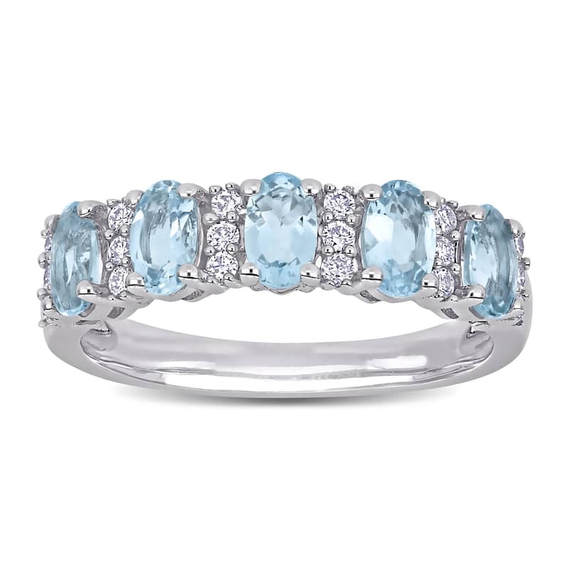Miadora 14k White Gold Oval-Cut Aquamarine and 1/6ct TDW Diamond Anniversary Band