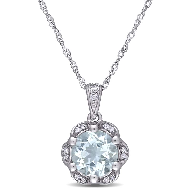 Miadora 14k White Gold Aquamarine and Diamond Accent Flower Halo Drop Necklace