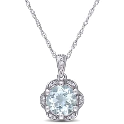 Miadora 14k White Gold Aquamarine and Diamond Accent Flower Halo Drop Necklace
