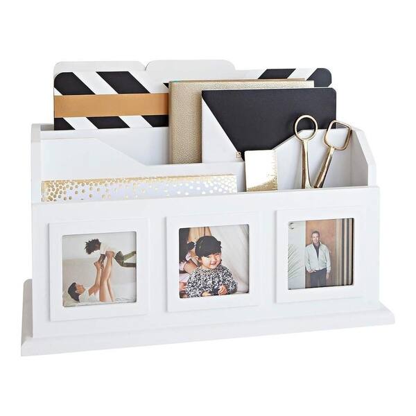 Blu Monaco White Wooden Desktop Mail Organizer With 3 Picture White Wooden Desktop Mail Organizer
