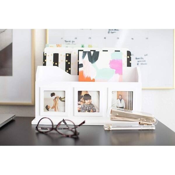 Blu Monaco White Wooden Desktop Mail Organizer With 3 Picture White Wooden Desktop Mail Organizer