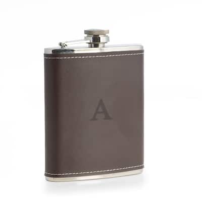 Single Initial Stainless Steel Brown Leather Flask 6 oz.