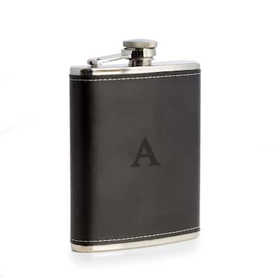 Single Initial Stainless Steel Black Leather Flask 6 oz.