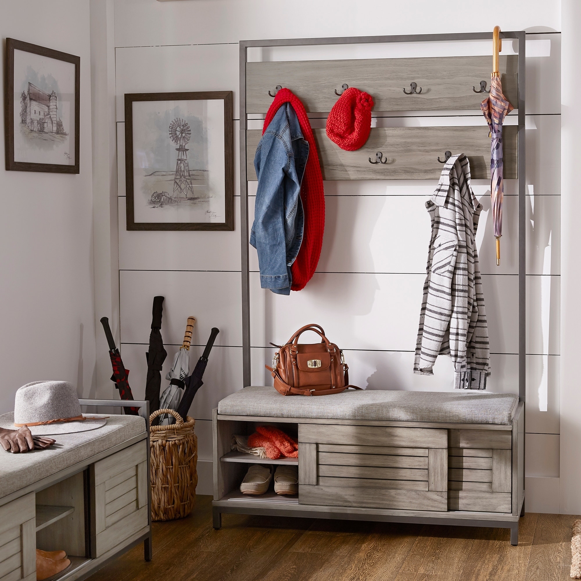 iNSPIRE Q Classic Duke Grey Finish Hall Tree With Cabinet & Cushion