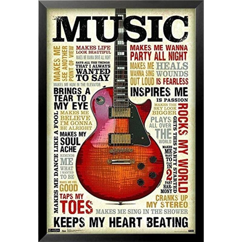 FRAMED Music Inspires Me Guitar Motivational 34x22.5 Art Print Poster Songs and Phrases - 34 x 22