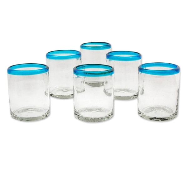Handmade Blown glass juice glasses Aquamarine Kiss set of 6 (Mexico)