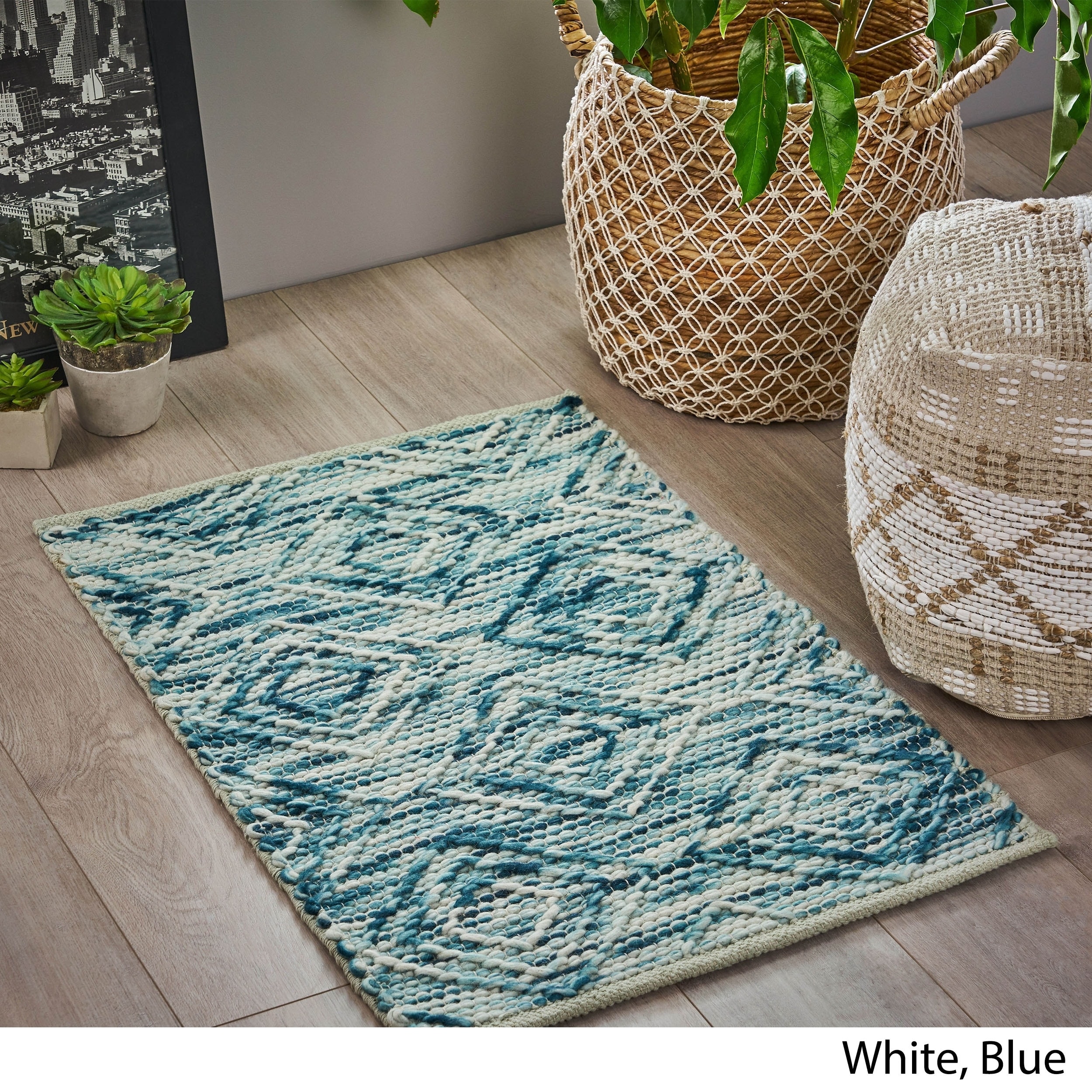 Best Selling Home Decor Langrick Boho Wool and Cotton Scatter Rug, White and Blue | 308775