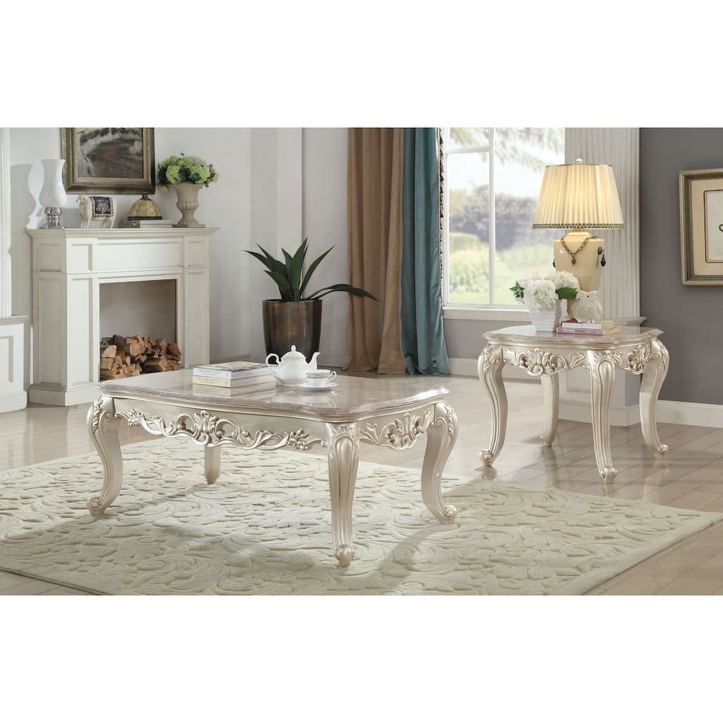 Wooden Coffee Table with Decorative Polyresin Carvings and Marble Top, White