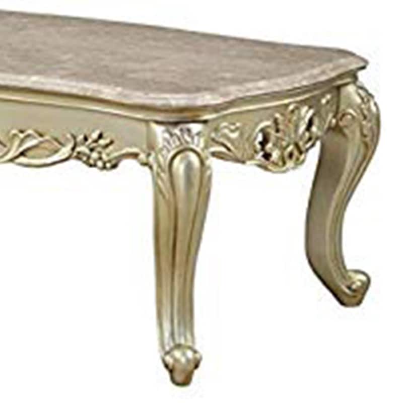 Wooden Coffee Table with Decorative Polyresin Carvings and Marble Top, White