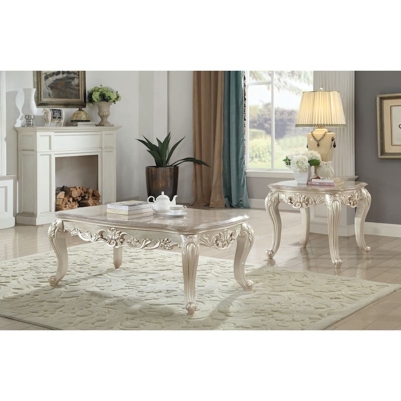 Wooden Coffee Table with Decorative Polyresin Carvings and Marble Top, White
