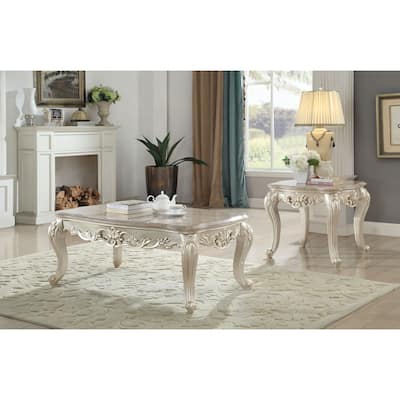Wooden Coffee Table with Decorative Polyresin Carvings and Marble Top, White