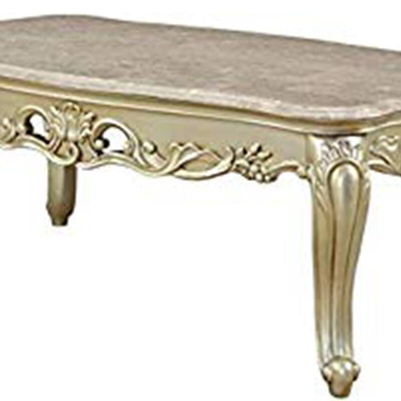 Wooden Coffee Table with Decorative Polyresin Carvings and Marble Top, White