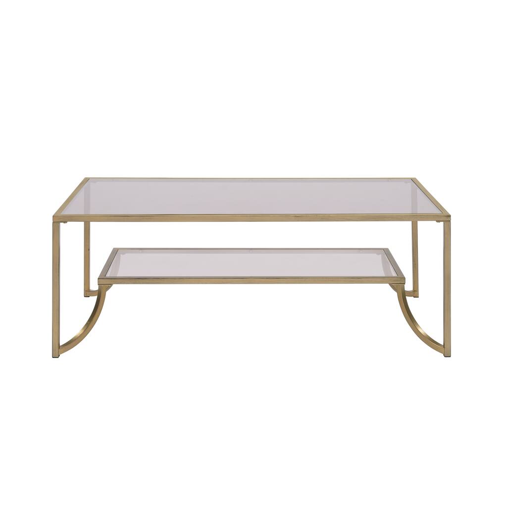 Modern Metal Framed Coffee Table with Glass Top and Shelf, Gold and Clear