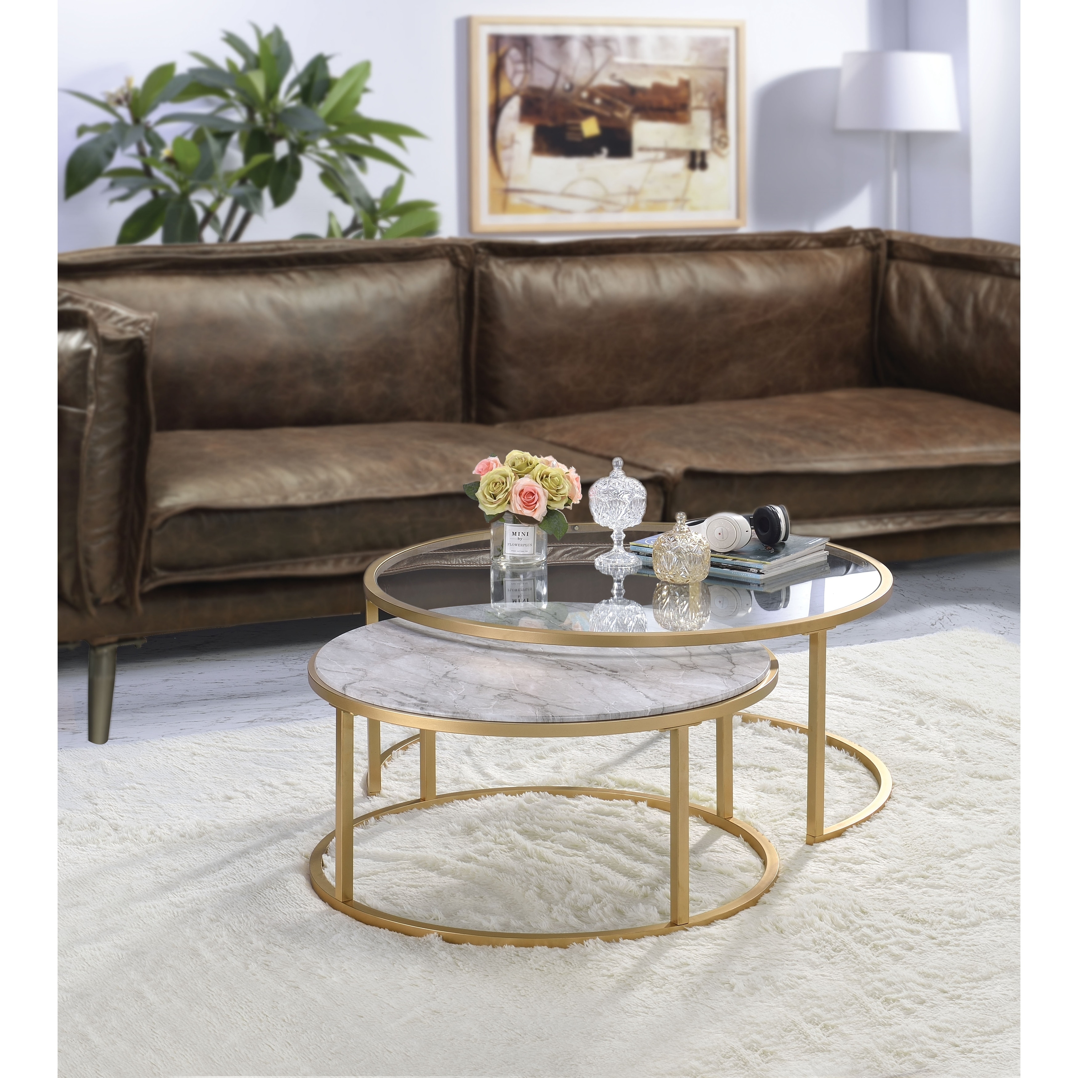 Shop Metal Framed Nesting Coffee Tables With Glass And Marble Tops Set Of Two Gold Overstock 27887003