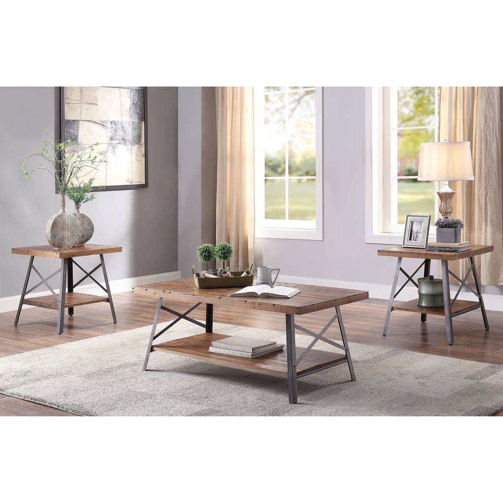 Wooden Coffee Table with X Crossed Metal Sides and Open Shelf, Brown and Black